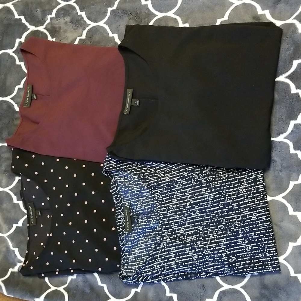Lane Bryant, 16, 4 Ruffle Blouses, Black, Maroon, Blue, Black with Poke-a-Dot